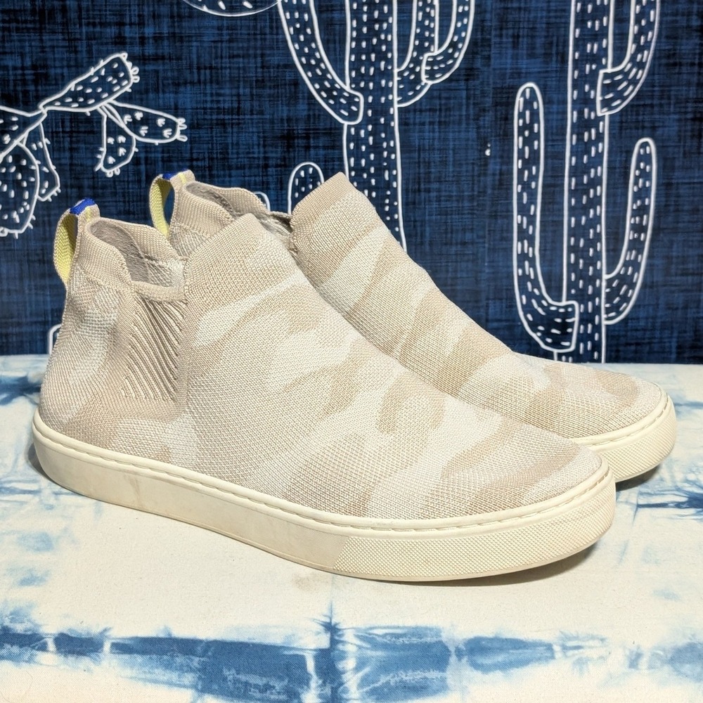 Rothy's Knit Fabric Pull On High Top Chelsea Ankle Boots Camo Sand Size 8.5